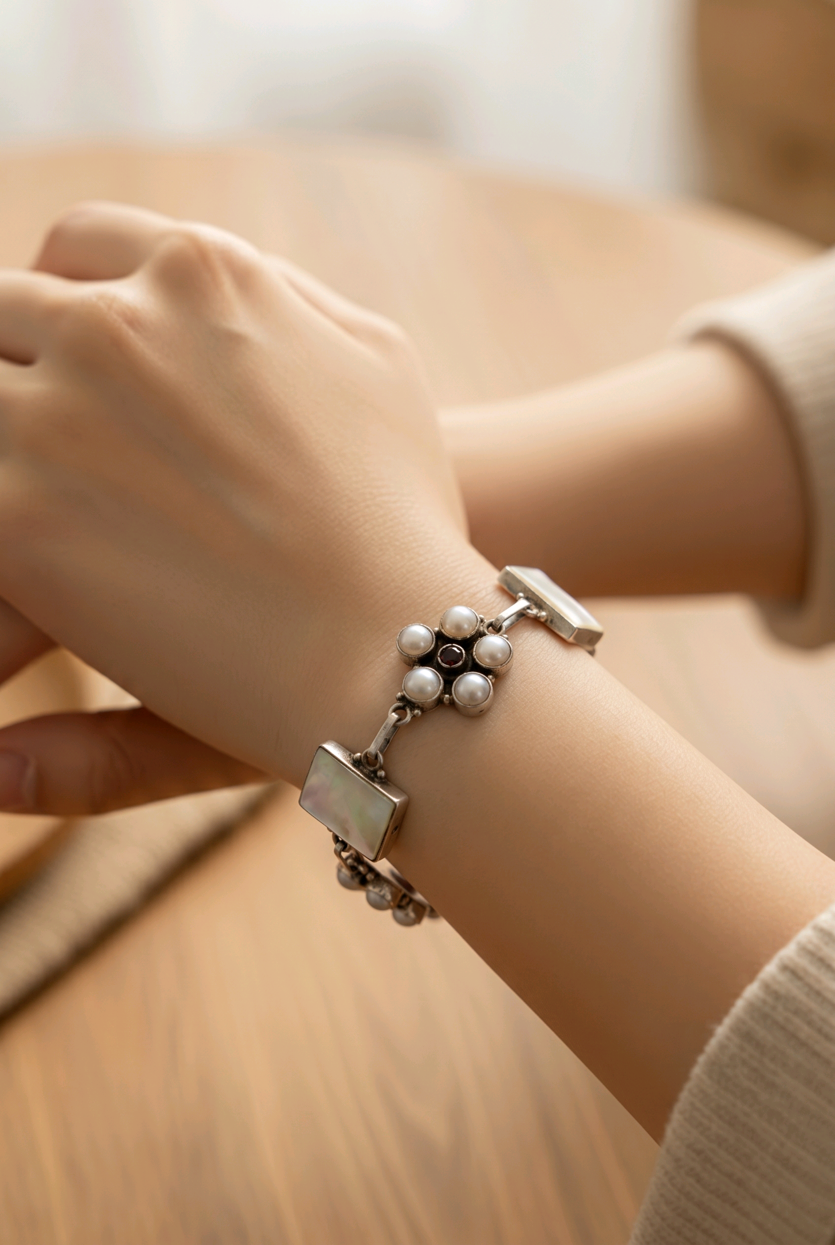 Mother of Pearl Pearl Garnet Floral Link Bracelet — Club925 Archive product photograph