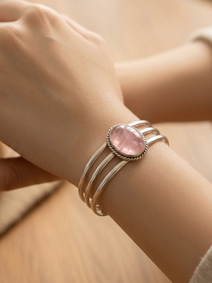 Rose Quartz Cuff Bracelet • Three-Row Split Shank — Club925 Archive product photograph