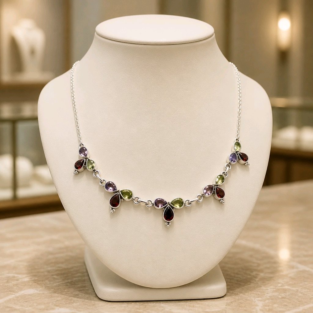 Butterfly Gemstone Necklace • Garnet, Amethyst, Peridot — Club925 Archive product photograph