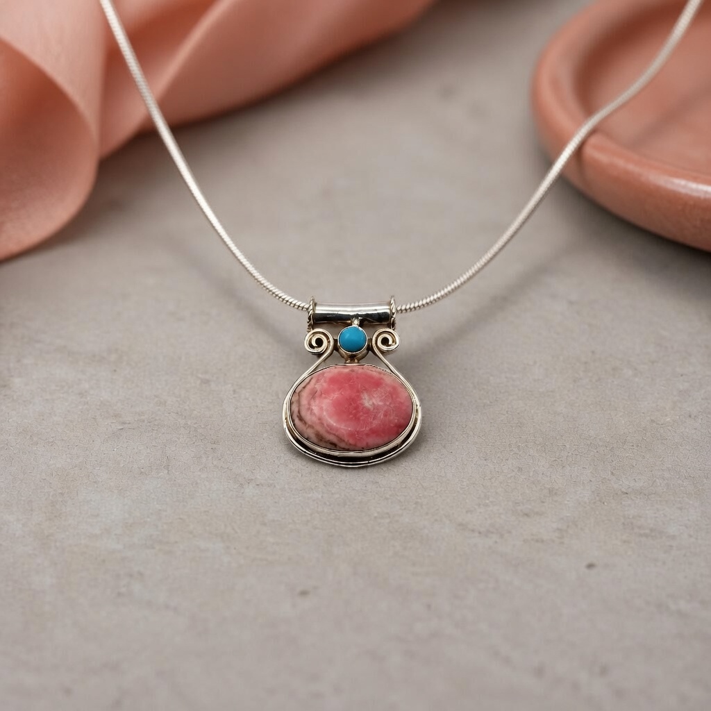 Rhodochrosite and Turquoise Pendant Necklace — Club925 Archive product photograph