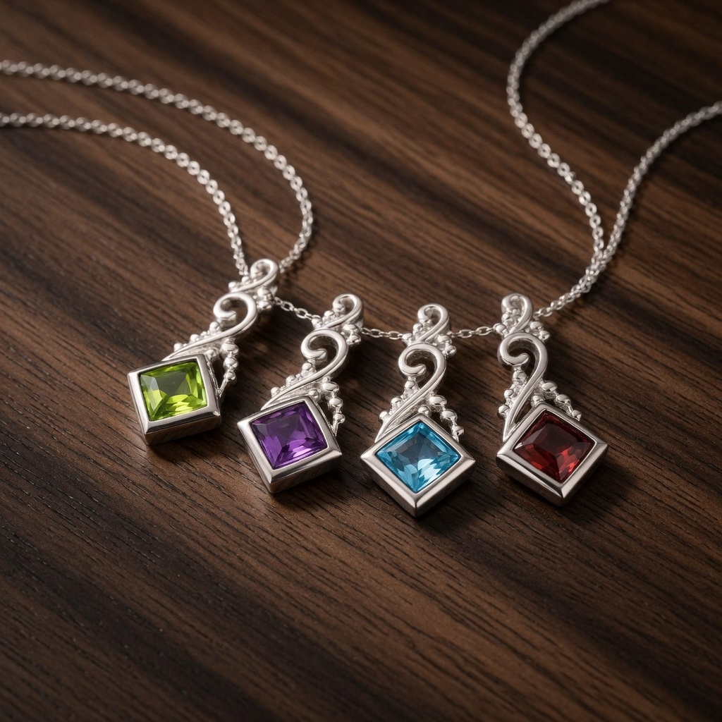 Gemstone Scroll Pendant • Square Cut (4 Stone Choices) — Club925 Archive product photograph